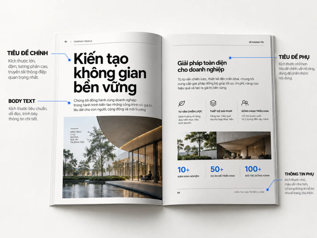 Minh họa các cấp typography gồm tiêu đề chính, tiêu đề phụ, nội dung và thông tin phụ.