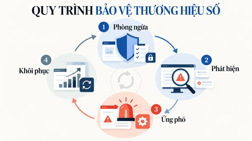 Sơ đồ bốn giai đoạn bảo vệ thương hiệu số gồm phòng ngừa, phát hiện, ứng phó và khôi phục.
