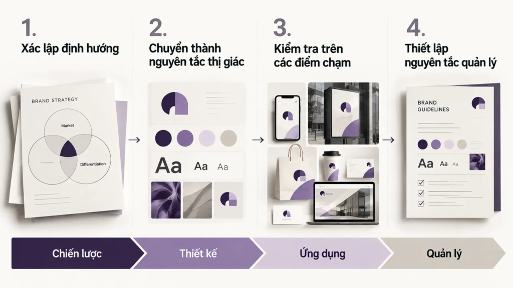 Sơ đồ bốn giai đoạn từ xác lập định hướng thương hiệu đến thiết kế, kiểm tra ứng dụng và quản lý nhận diện.