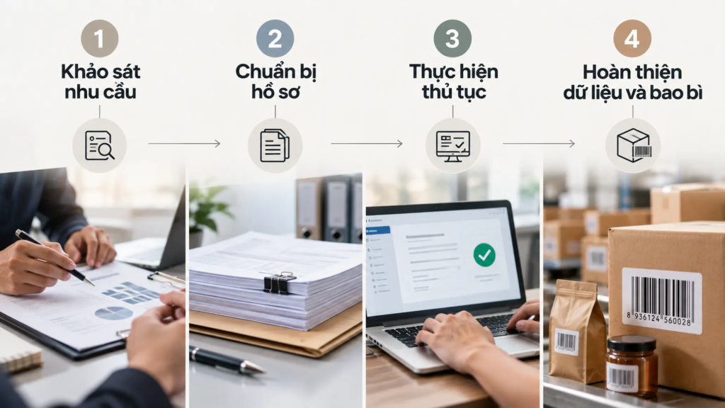 Sơ đồ bốn giai đoạn từ khảo sát nhu cầu, chuẩn bị hồ sơ đến thực hiện thủ tục và hoàn thiện bao bì.