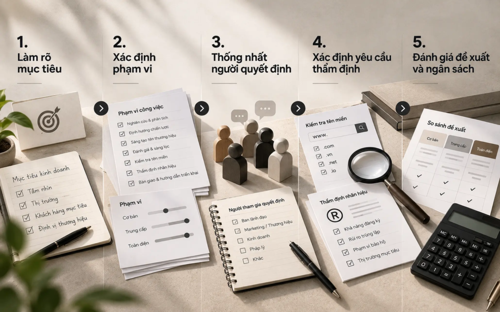 Sơ đồ năm bước xác định ngân sách đặt tên thương hiệu từ mục tiêu kinh doanh đến đánh giá đề xuất.