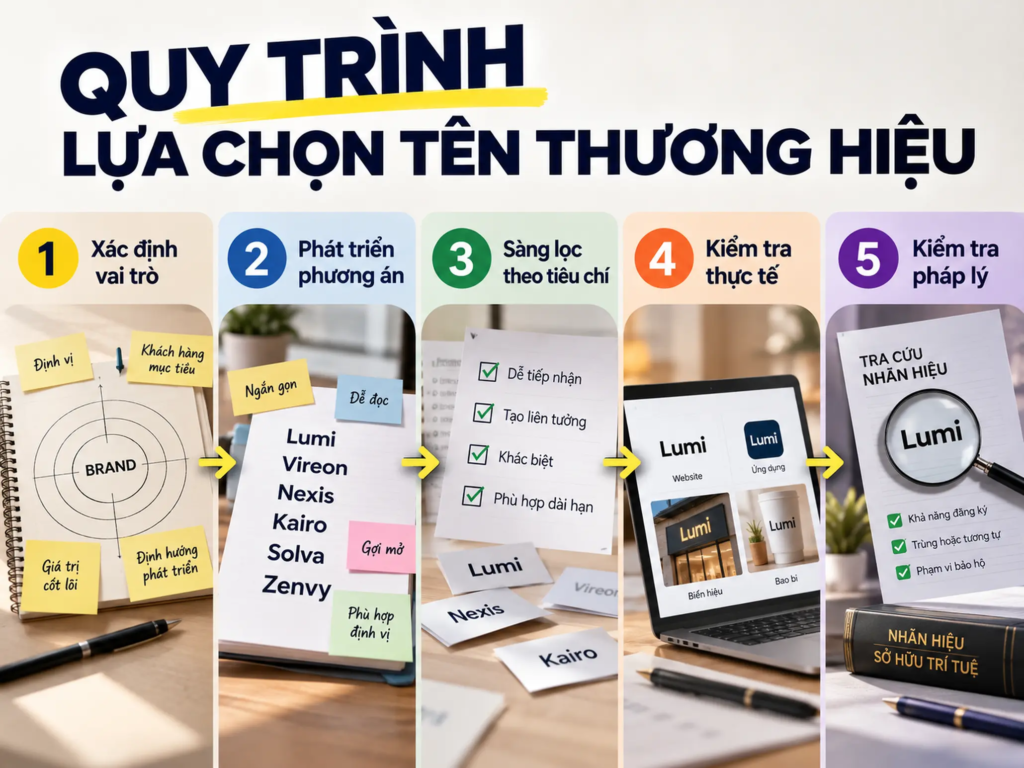 Sơ đồ năm bước lựa chọn tên thương hiệu từ xác định vai trò đến sàng lọc, kiểm tra thực tế và pháp lý.