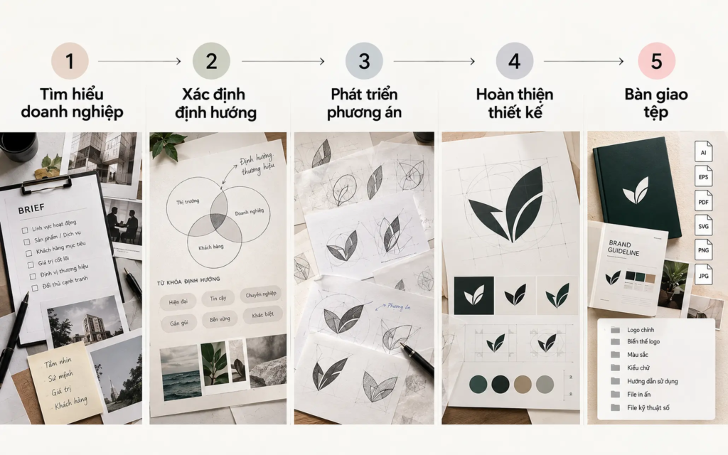 Sơ đồ các bước thiết kế logo từ tìm hiểu doanh nghiệp đến hoàn thiện phương án và bàn giao tệp.