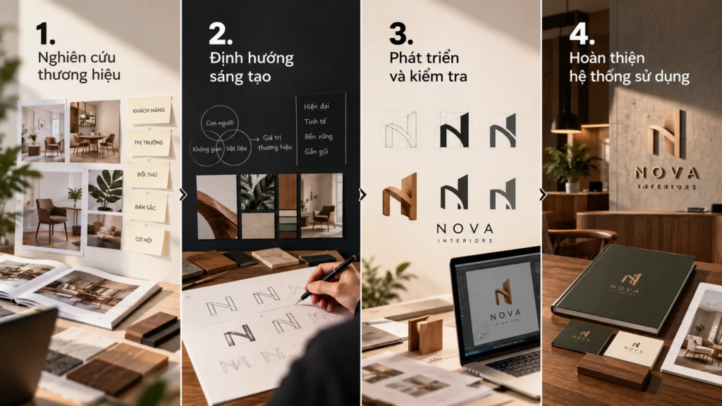 Sơ đồ bốn giai đoạn từ nghiên cứu thương hiệu đến hoàn thiện và ứng dụng logo nội thất.
