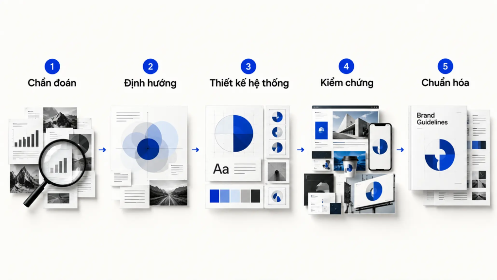 Quy trình năm bước từ chẩn đoán, định hướng đến thiết kế, kiểm chứng và chuẩn hóa nhận diện.