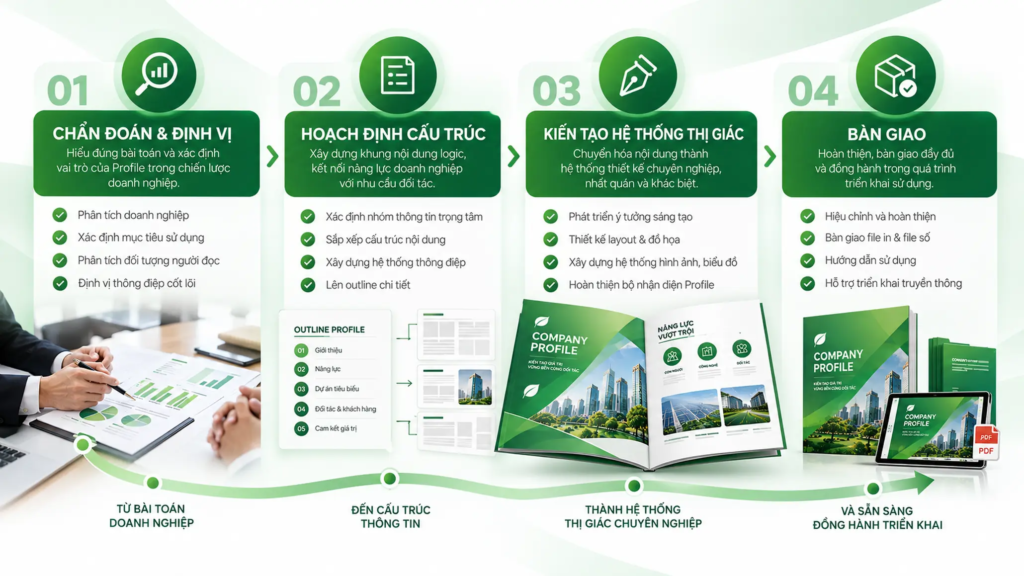 Sơ đồ bốn bước từ chẩn đoán đến bàn giao trong quy trình thiết kế Profile doanh nghiệp