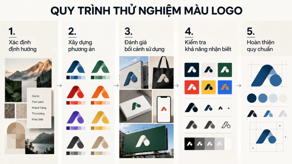 Sơ đồ năm bước kiểm tra màu sắc logo từ xác định định hướng đến hoàn thiện quy chuẩn sử dụng.