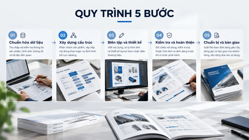 Sơ đồ năm bước triển khai catalog B2B từ chuẩn hóa dữ liệu đến kiểm tra và bàn giao tệp.