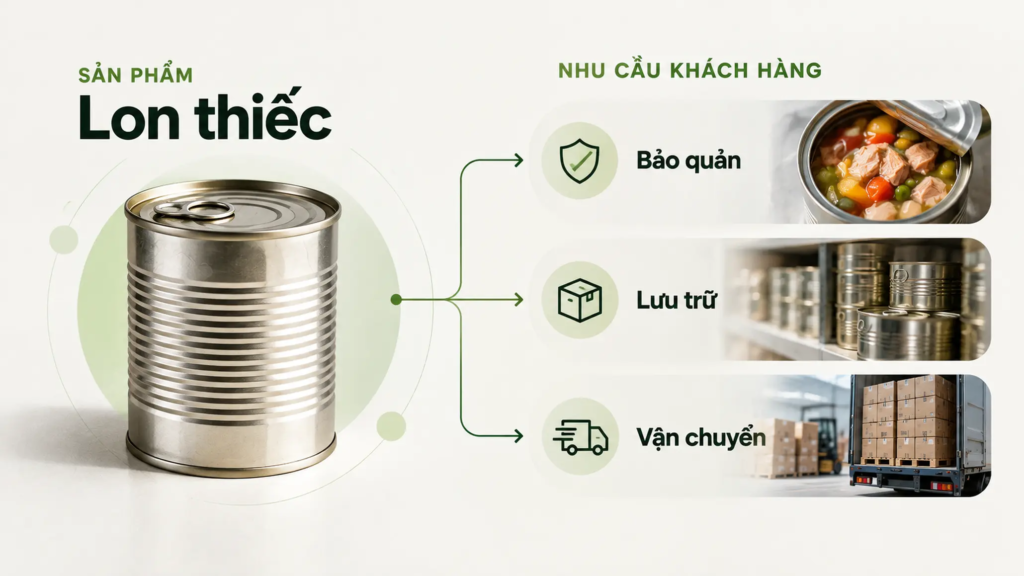 Lon thiếc được đặt trong mối liên hệ với các nhu cầu bảo quản, lưu trữ và vận chuyển thực phẩm.