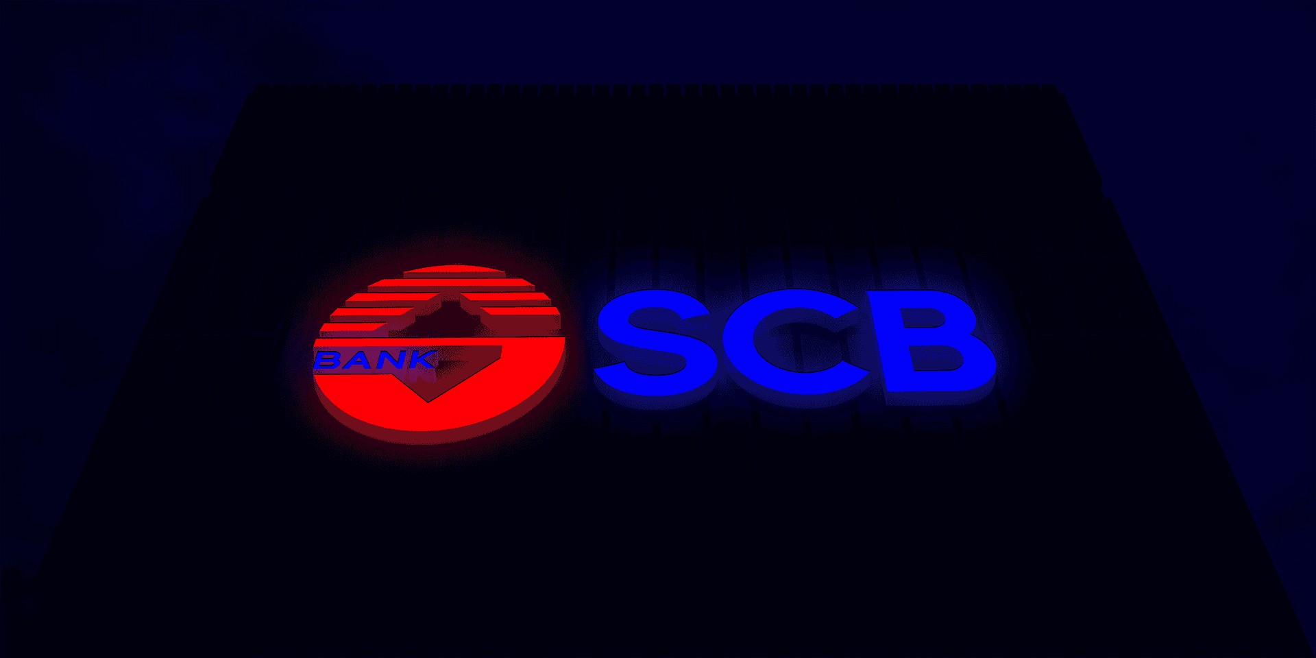 Logo SCB phát sáng trên mặt tiền ban đêm