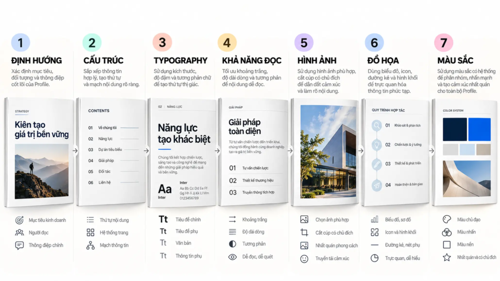 Sơ đồ bảy bước kiểm soát Profile từ định hướng, cấu trúc đến typography, hình ảnh và màu sắc.