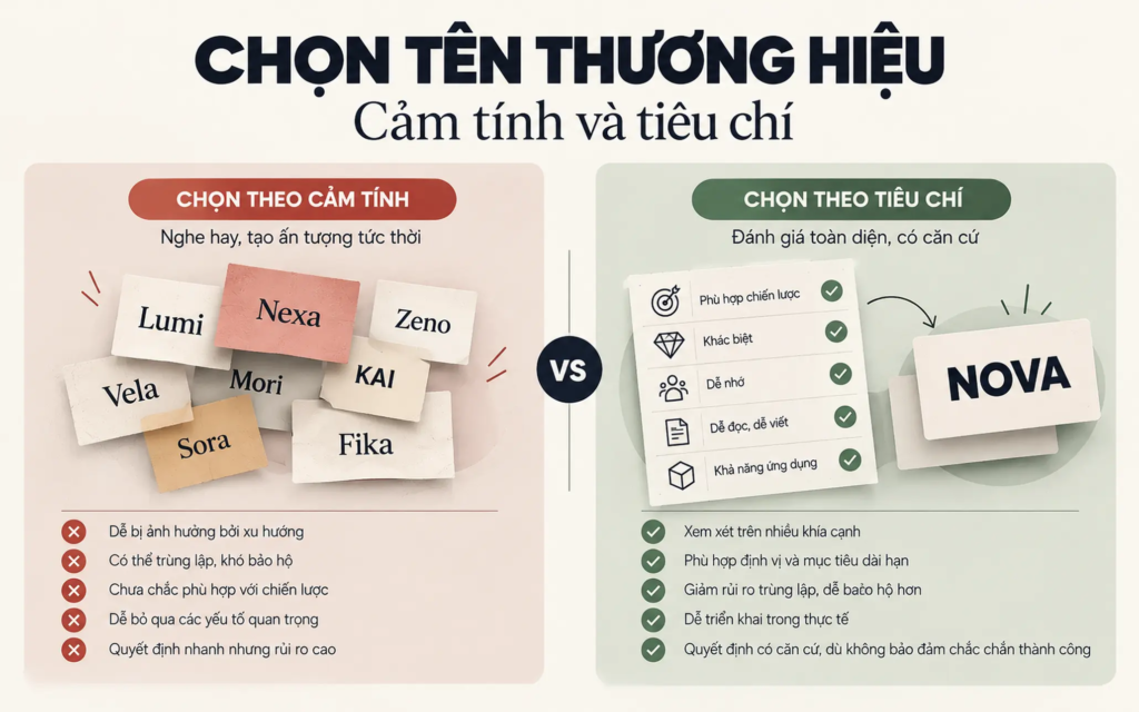 Bảng so sánh cách chọn tên theo cảm tính với cách đánh giá tên thương hiệu dựa trên tiêu chí.