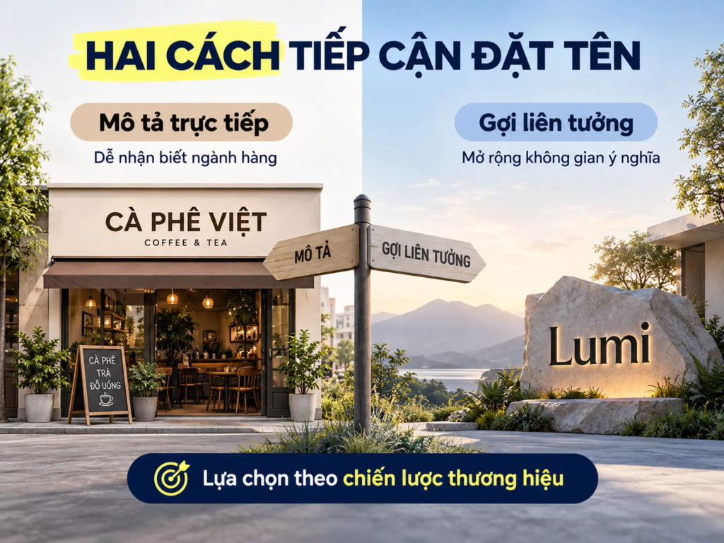Sơ đồ so sánh tên thương hiệu mô tả trực tiếp với tên gợi liên tưởng theo khả năng nhận biết và phát triển ý nghĩa.