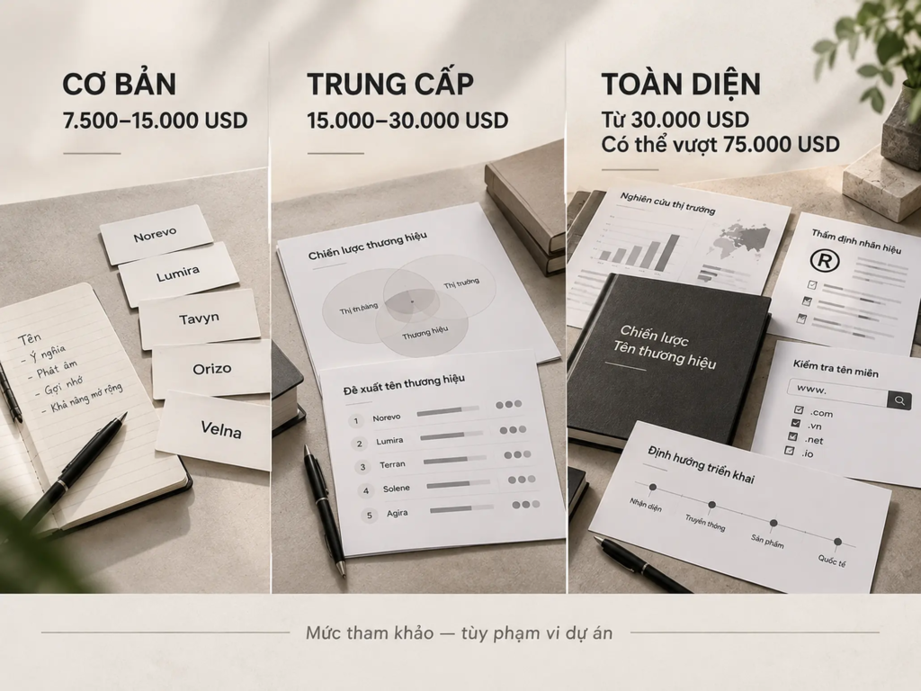 Bảng so sánh ba cấp độ đầu tư đặt tên thương hiệu với các khoảng ngân sách tham khảo từ cơ bản đến toàn diện.