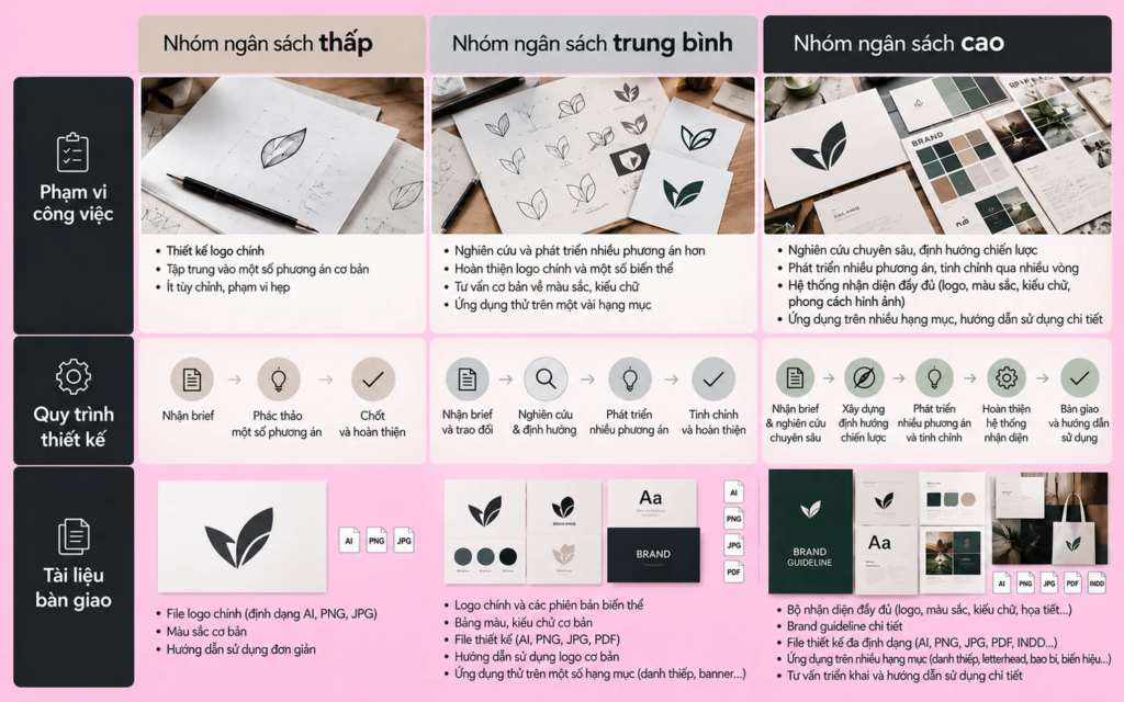 Bảng so sánh ba nhóm ngân sách thiết kế logo theo phạm vi công việc, quy trình và tài liệu bàn giao.
