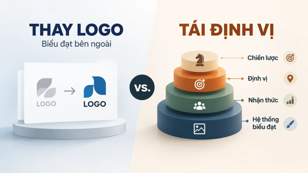 So sánh thay logo với tái định vị thương hiệu dựa trên phạm vi chiến lược và biểu đạt.