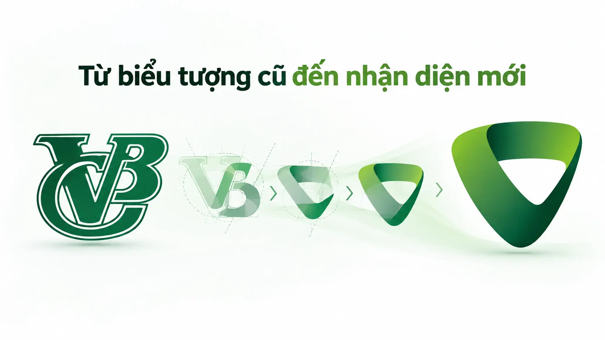 Minh họa quá trình chuyển từ biểu tượng V–C–B lồng ghép sang biểu tượng chữ V của Vietcombank.