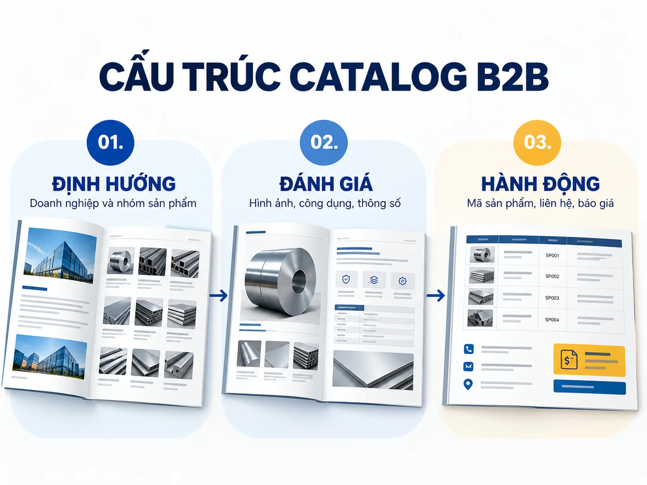 Bộ catalog sản phẩm doanh nghiệp trình bày danh mục, hình ảnh và thông số phục vụ khách hàng B2B.