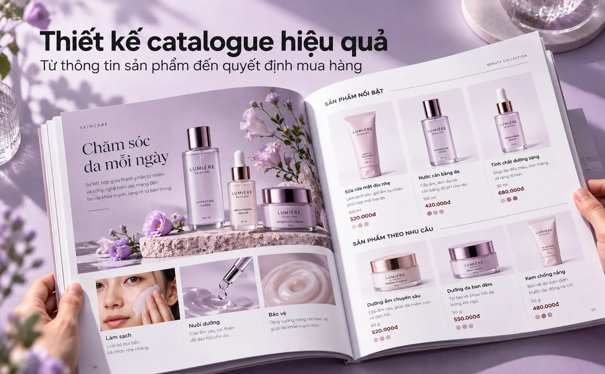 Catalogue mở với các trang giới thiệu sản phẩm, hình ảnh minh họa và thông tin được sắp xếp phục vụ việc lựa chọn.