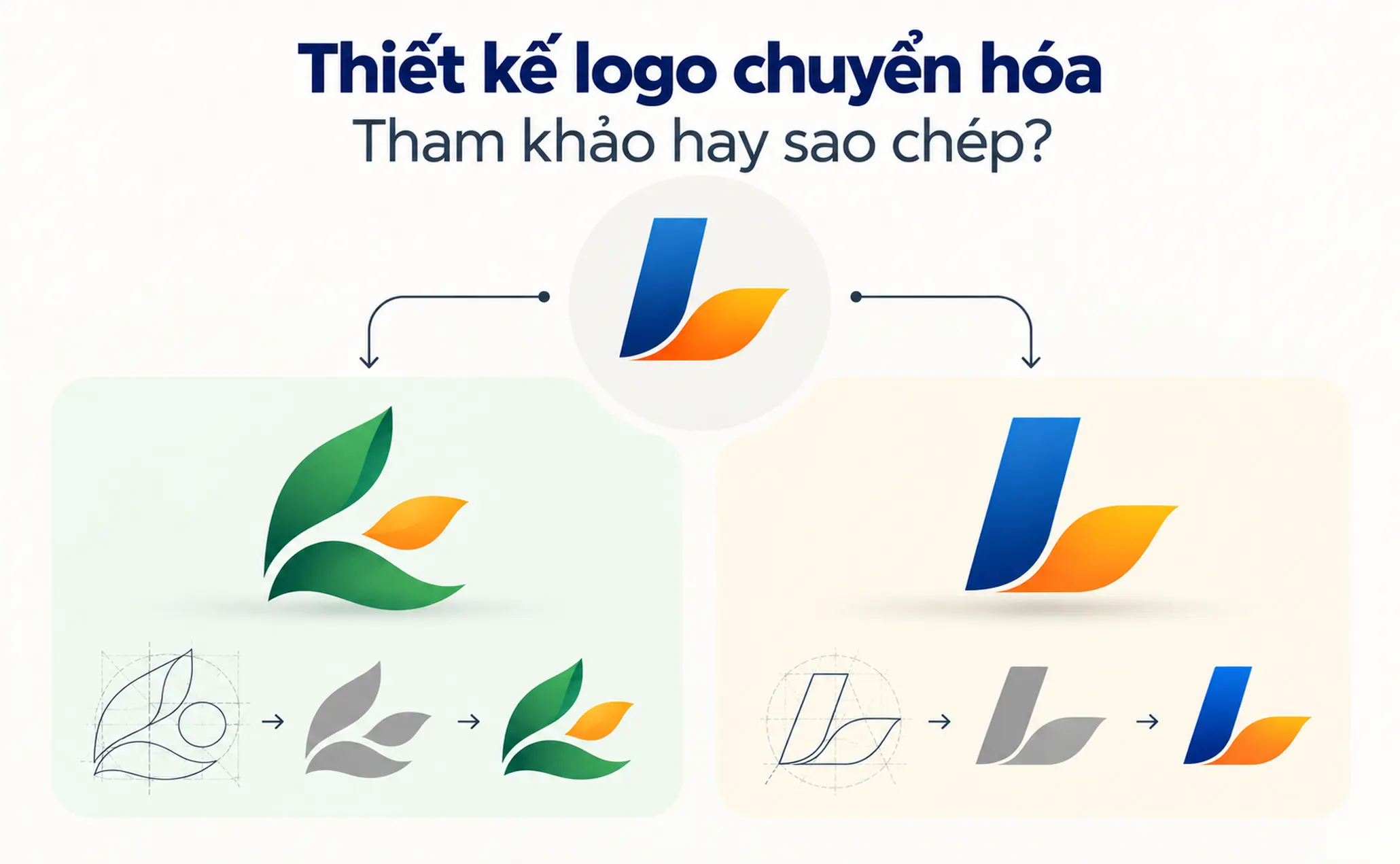 Minh họa sự khác biệt giữa phát triển một ý tưởng logo độc lập và chỉnh sửa hình thức từ mẫu logo có sẵn.