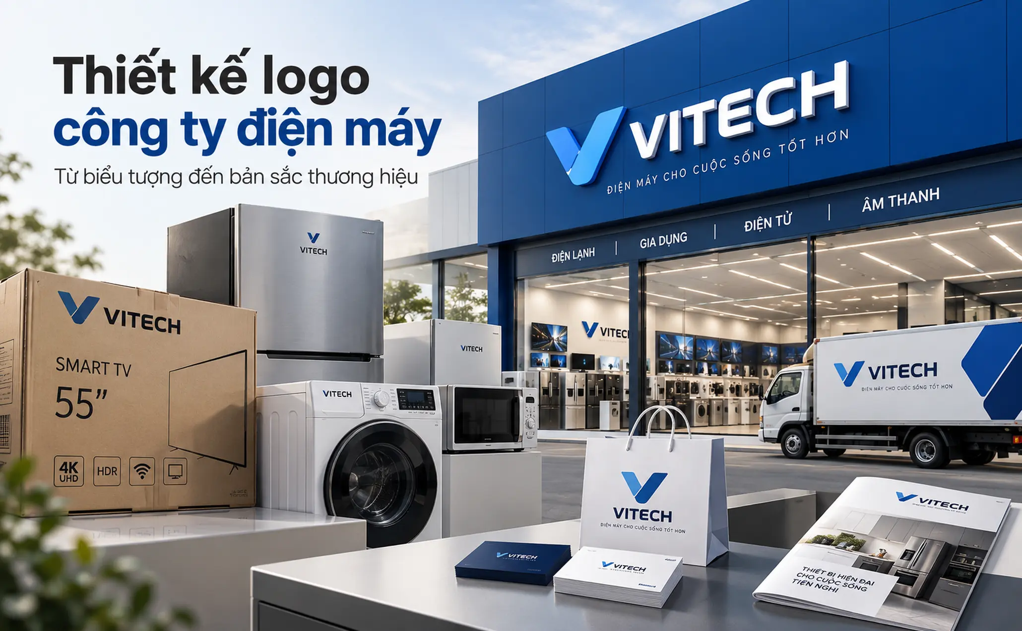 Minh họa logo doanh nghiệp điện máy cùng các ứng dụng trên bao bì, nhãn thiết bị và biển hiệu.