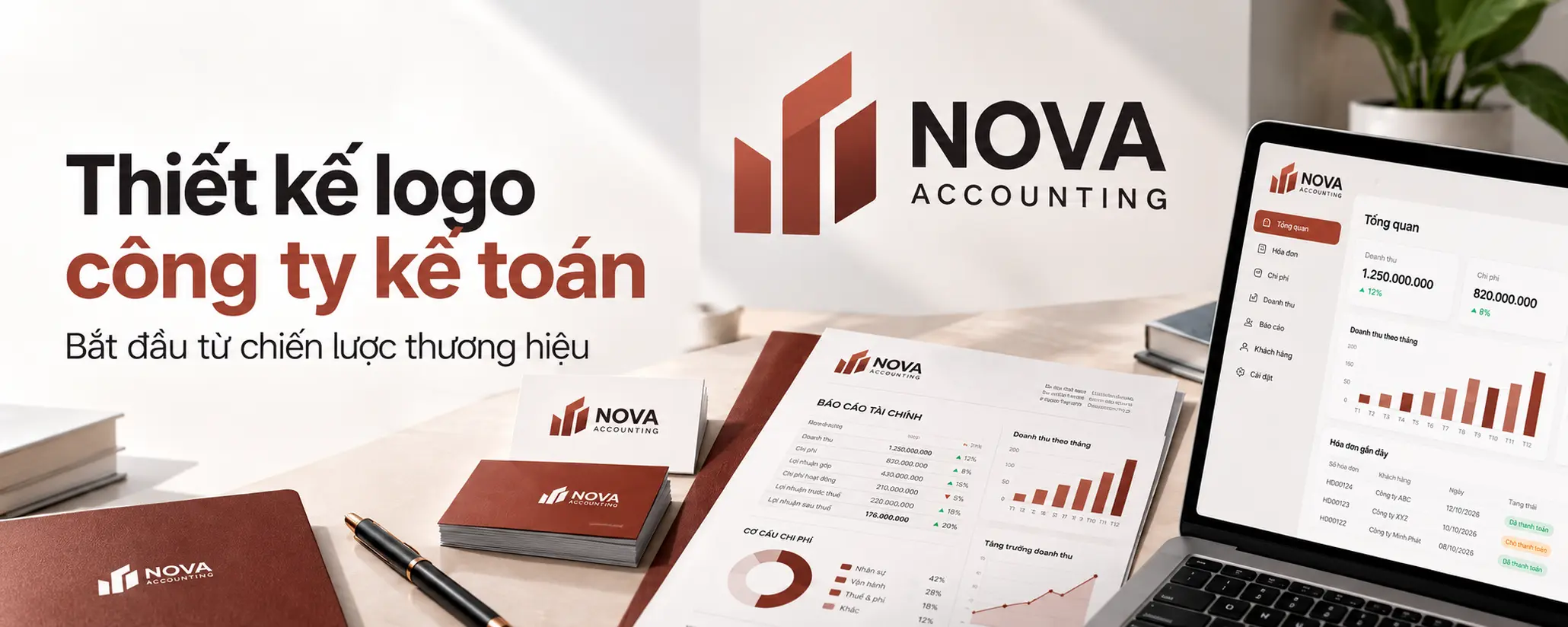 Logo công ty kế toán được thể hiện cùng tên thương hiệu và các ứng dụng nhận diện trong hoạt động doanh nghiệp.