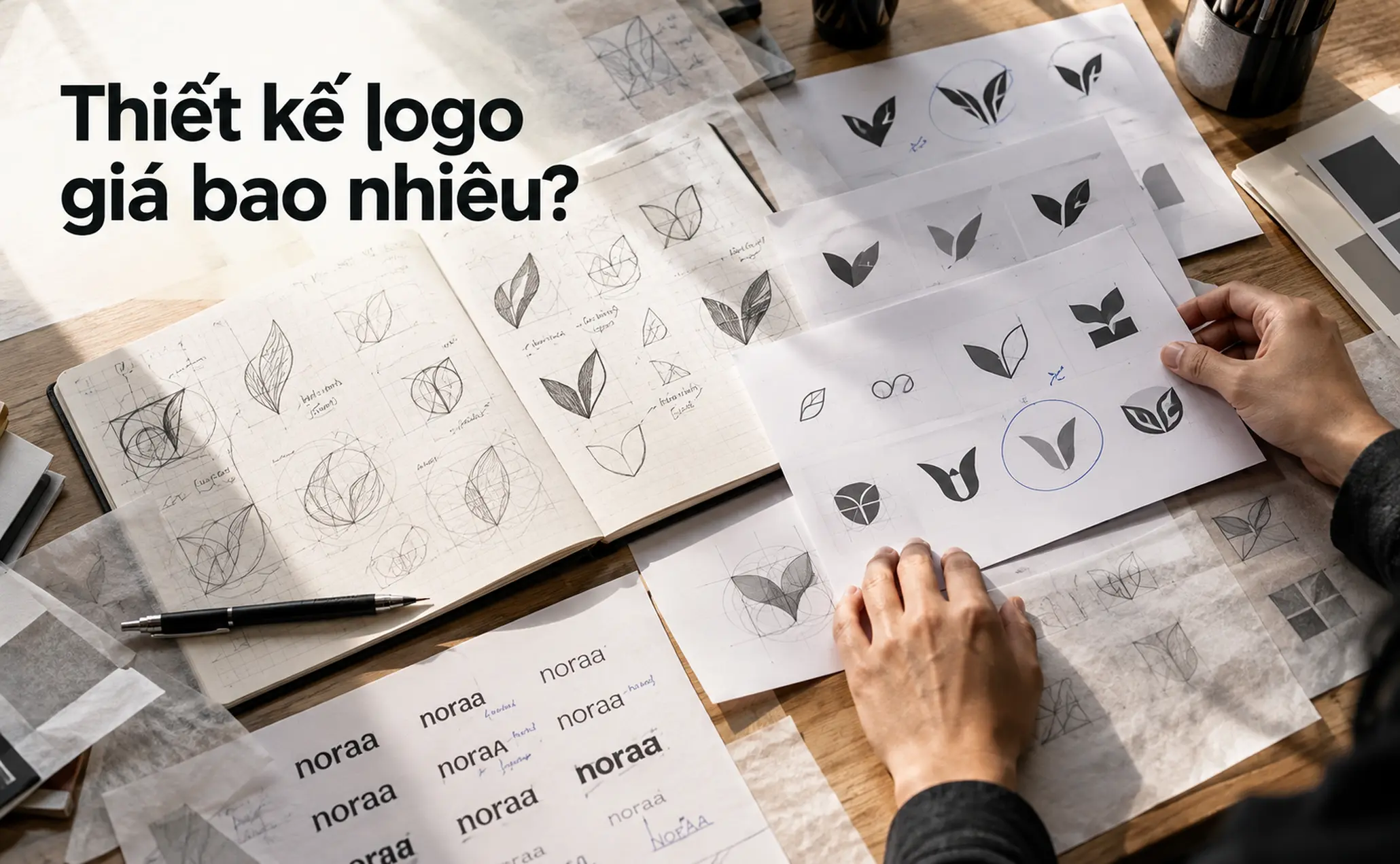 Bản phác thảo và các phương án logo trên bàn thiết kế, minh họa quá trình phát triển logo.
