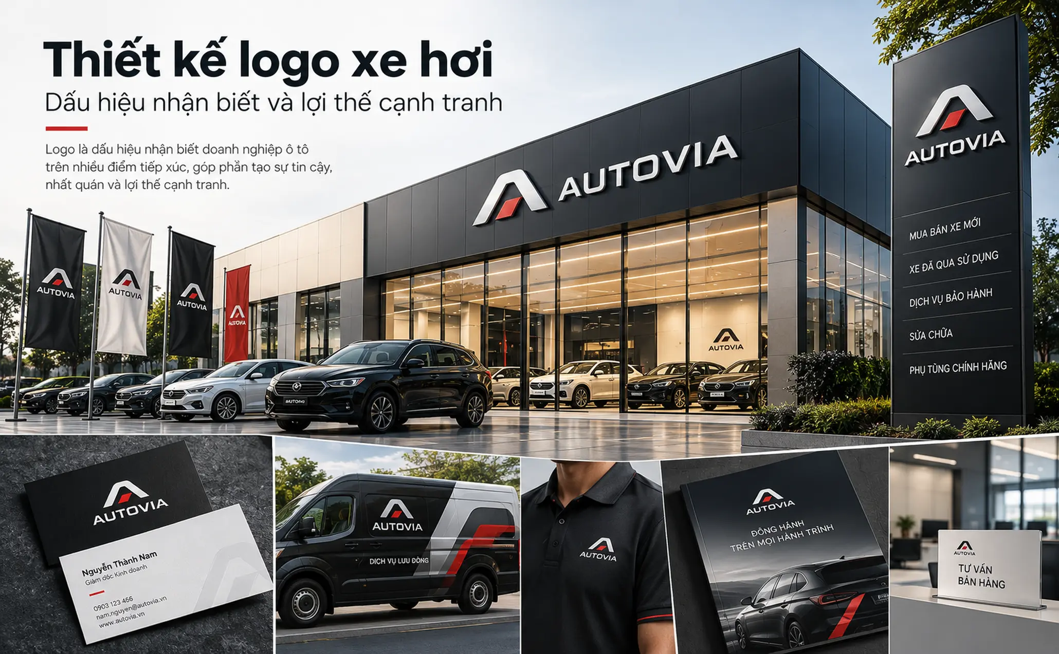 Minh họa logo doanh nghiệp ô tô trên biển hiệu showroom và phương tiện dịch vụ, thể hiện vai trò nhận diện thương hiệu.