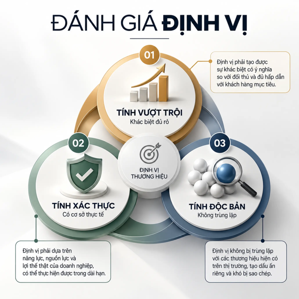 Ba tiêu chí đánh giá định vị gồm tính vượt trội, tính xác thực và tính độc bản.