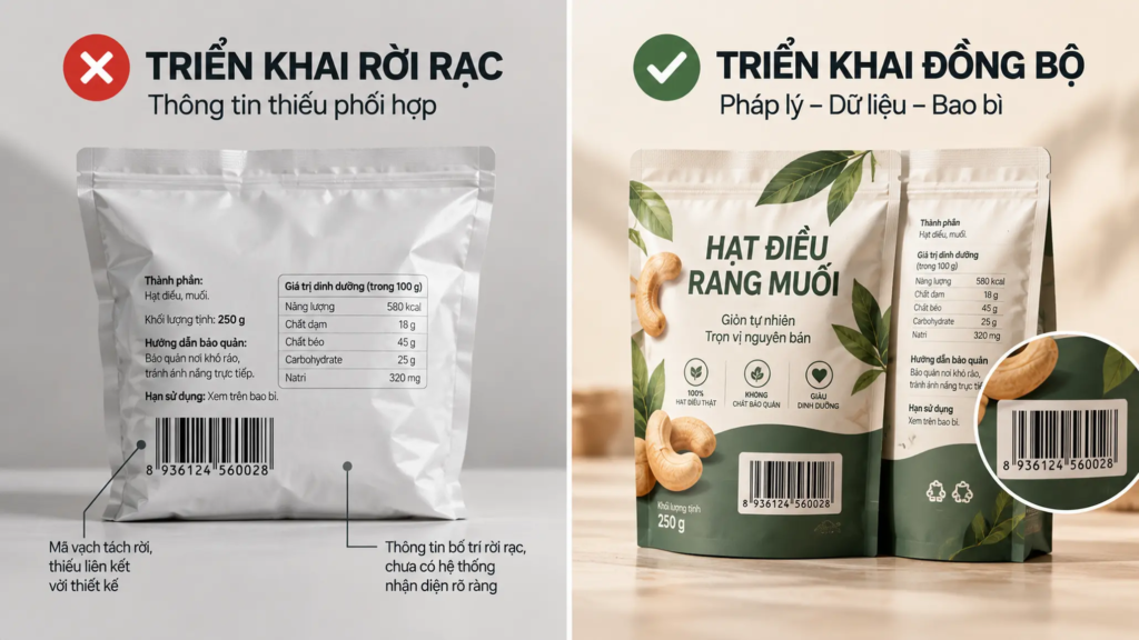 So sánh hai cách bố trí mã vạch và thông tin sản phẩm trên bao bì, từ thiếu phối hợp đến tích hợp đồng bộ.