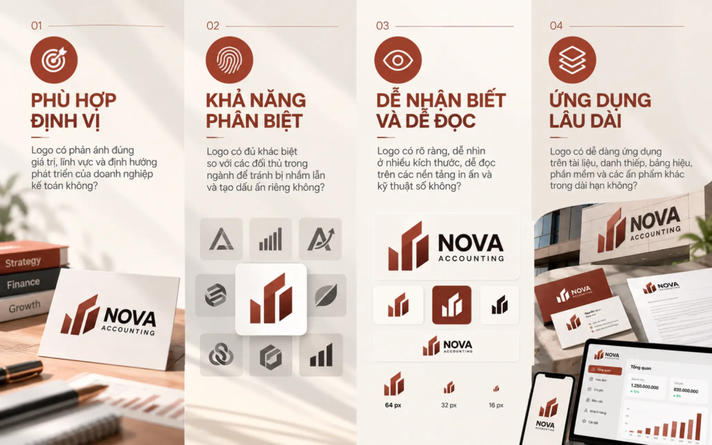 Sơ đồ bốn tiêu chí đánh giá logo kế toán về định vị, khả năng phân biệt, mức độ dễ đọc và tính ứng dụng.