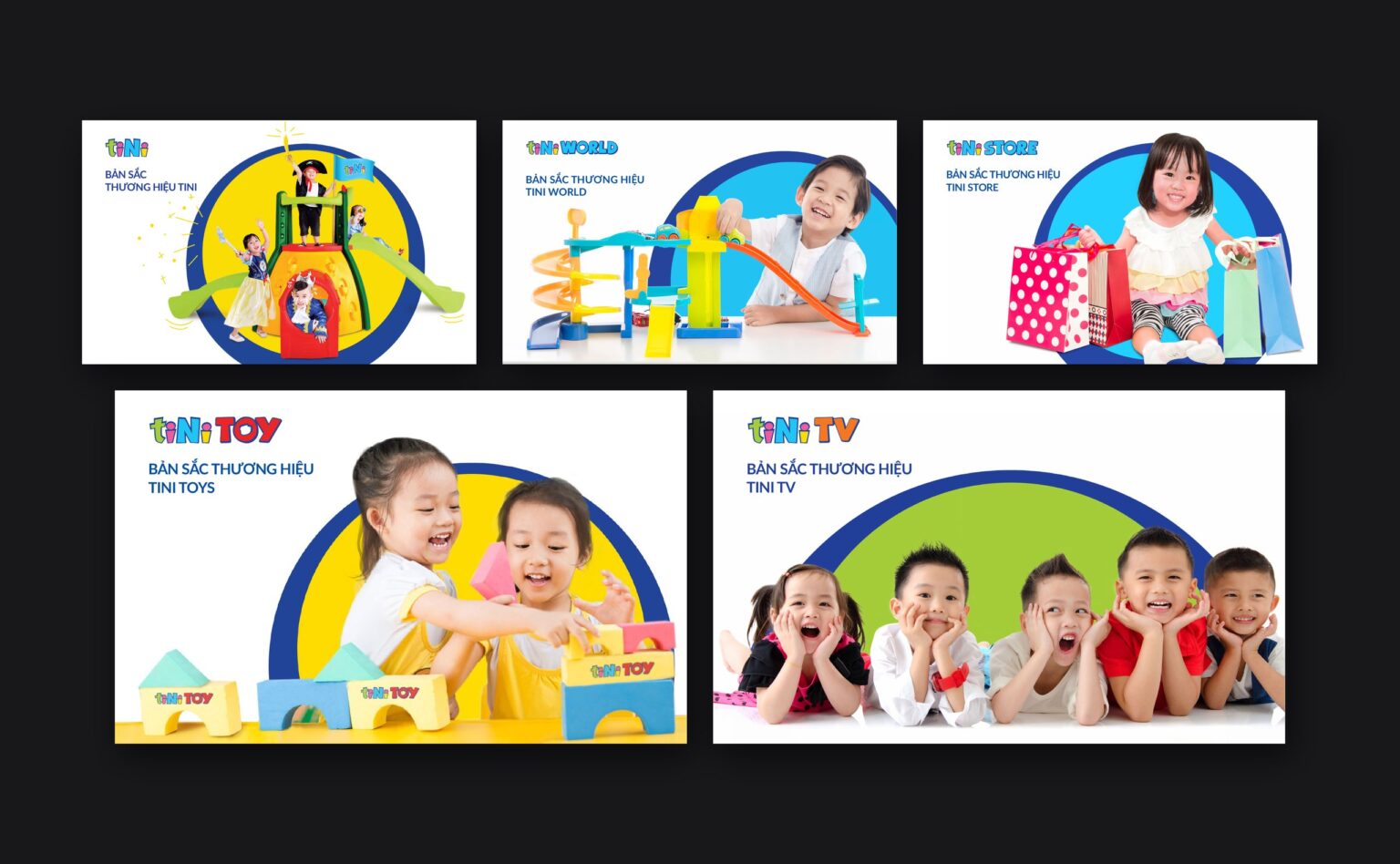 Bìa năm bộ Brand Guide của tiNi, tiNiWorld, tiNiStore, tiNiToys và tiNiTV