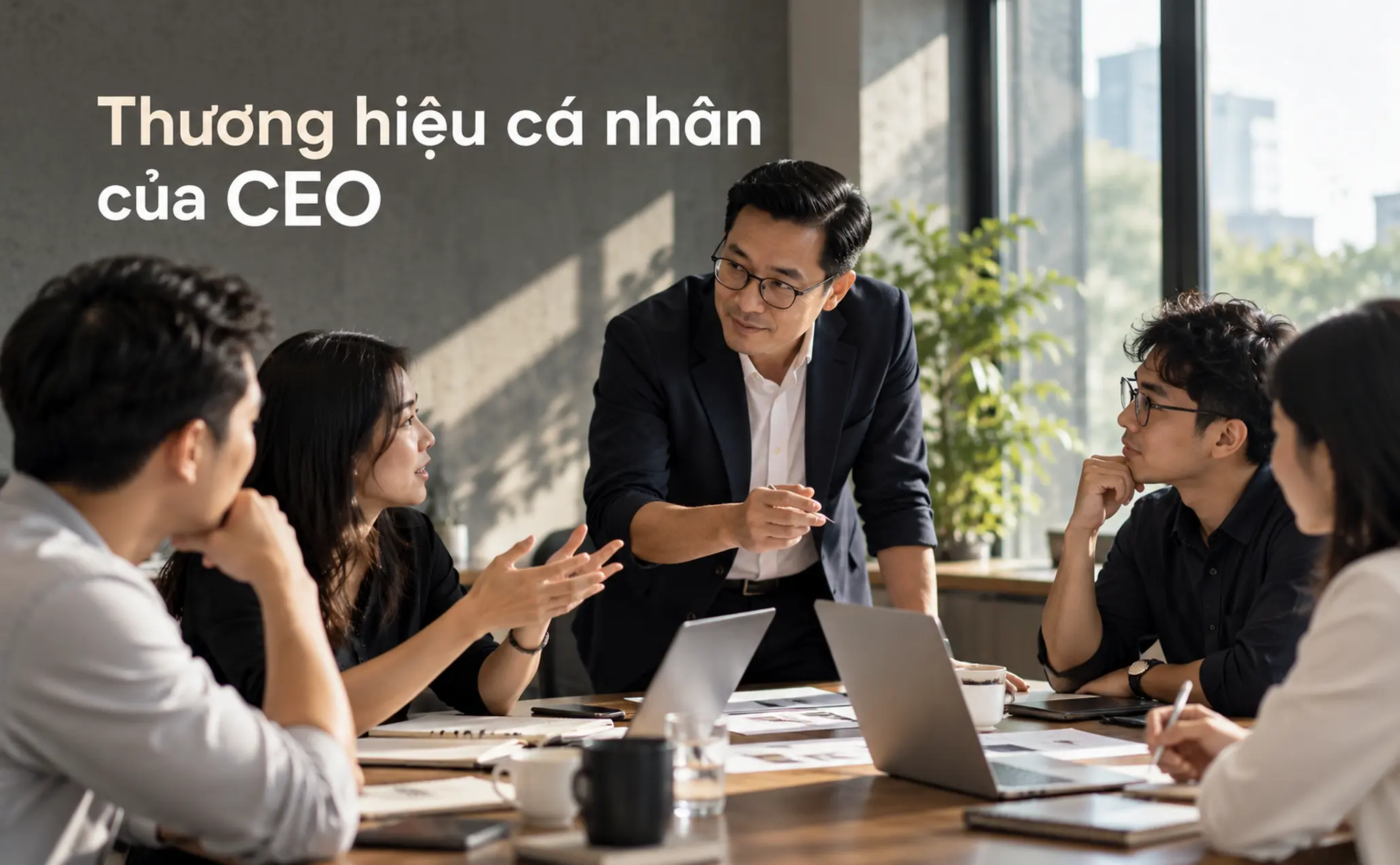CEO làm việc cùng đội ngũ, minh họa mối liên hệ giữa phong cách lãnh đạo và thương hiệu cá nhân.