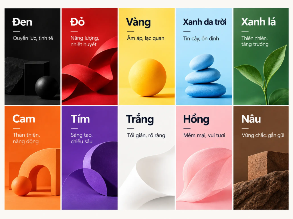Bảng tham chiếu 10 màu sắc phổ biến trong thiết kế logo và những liên tưởng thường gặp của từng màu.