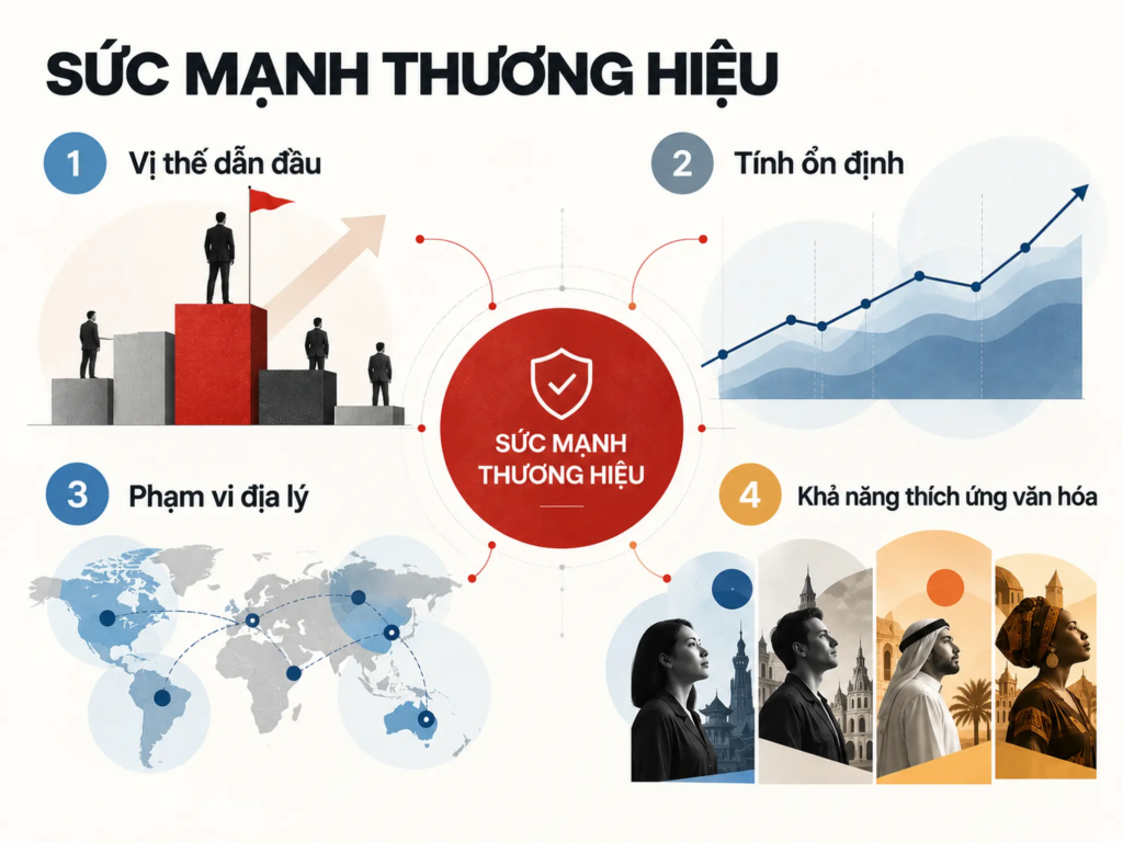 Sơ đồ các tiêu chí đánh giá sức mạnh thương hiệu gồm vị thế dẫn đầu, tính ổn định và phạm vi hoạt động.